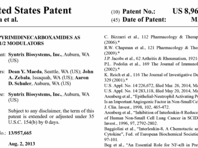 Syntrix wins U.S. patent 8,969,365: Thiopyrimidinecarboxamides as CXCR1/2 modulators