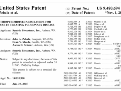 Syntrix Wins U.S. Patent 9,480,694 – Thiopyrimidinecarboxamide for Use in Treating Pulmonary Disease