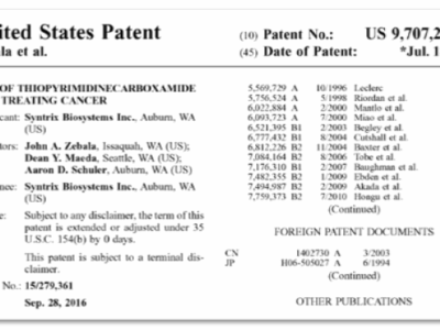 Syntrix Wins U.S. Patent 9,707,248 – Use of Thiopyrimidinecarboxamide for Treating Cancer